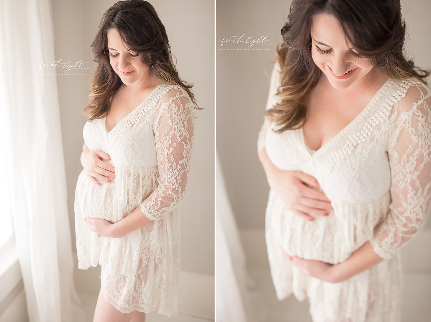 pregnant mom holding belly in lace dress