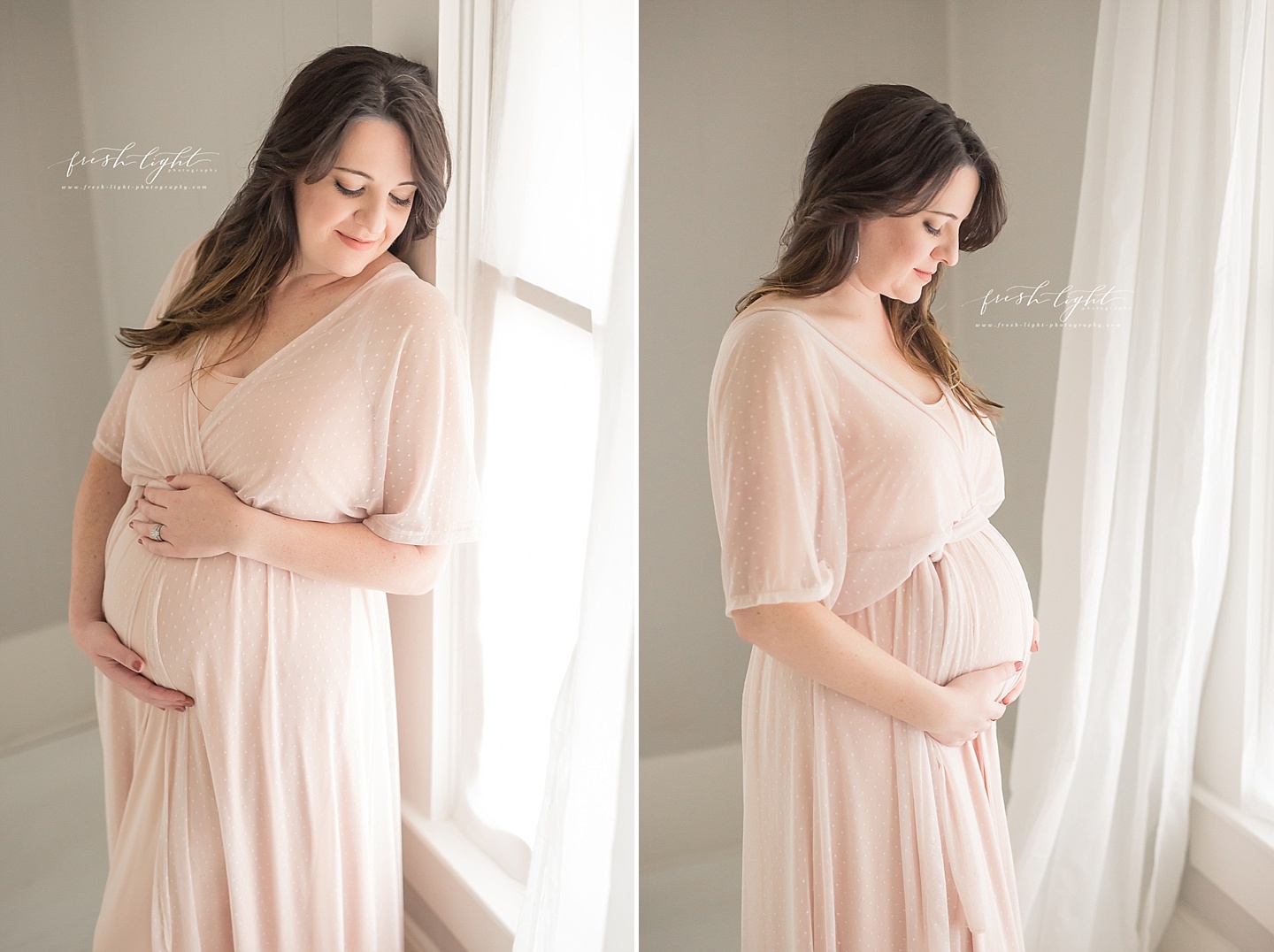 pregnant mom in pink dress holding belly