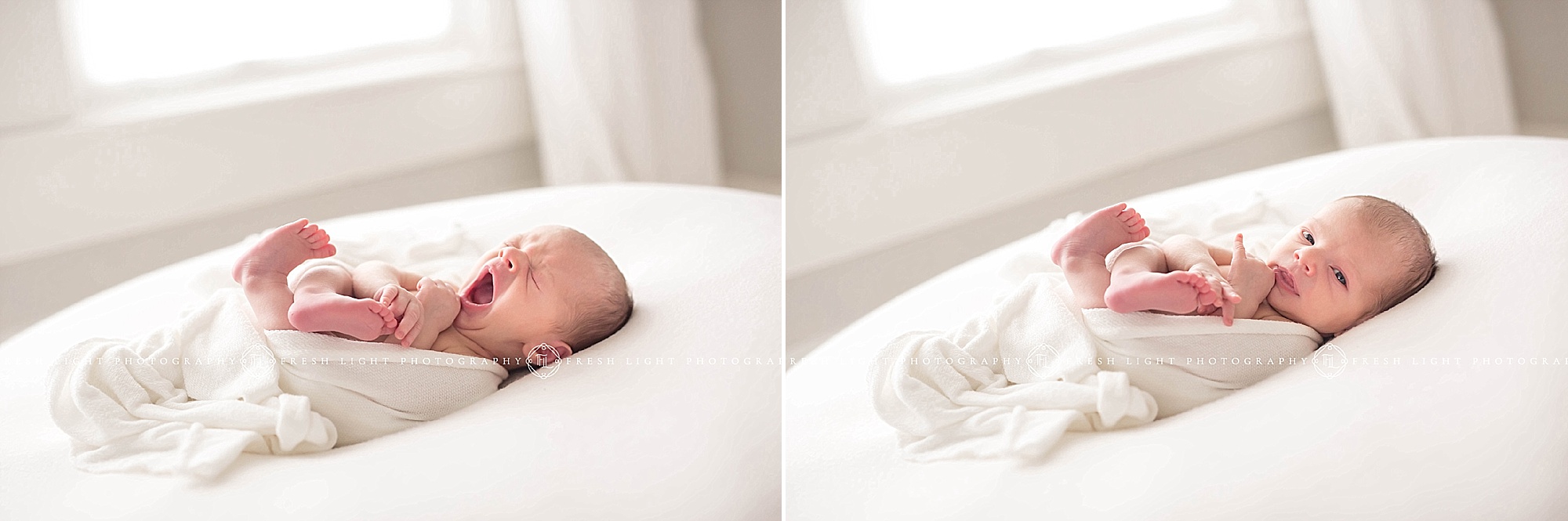 Baby boy yawning during his newborn session in houston with fresh light photography
