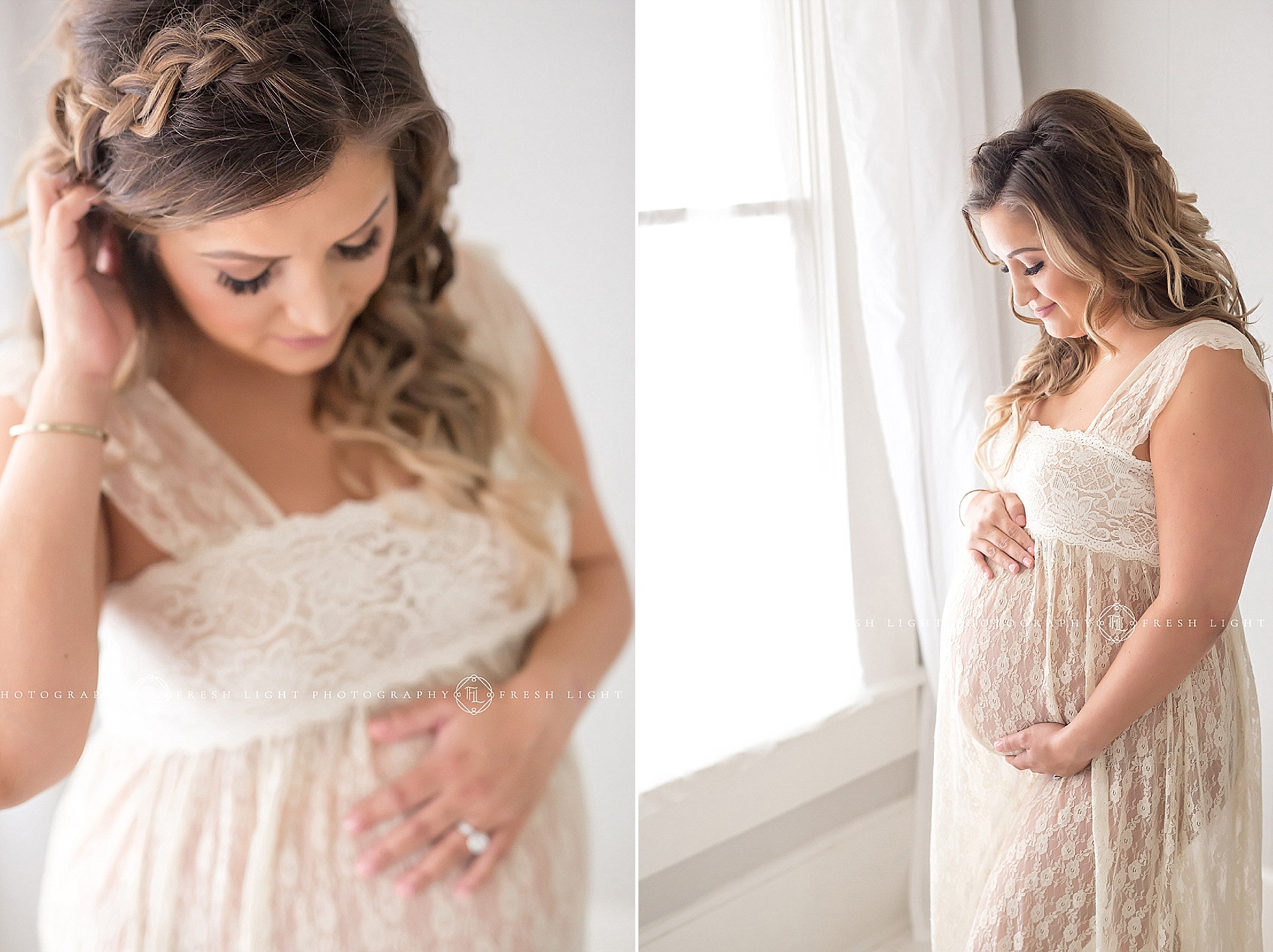 Mom standing by window wearing lace dress in Houston