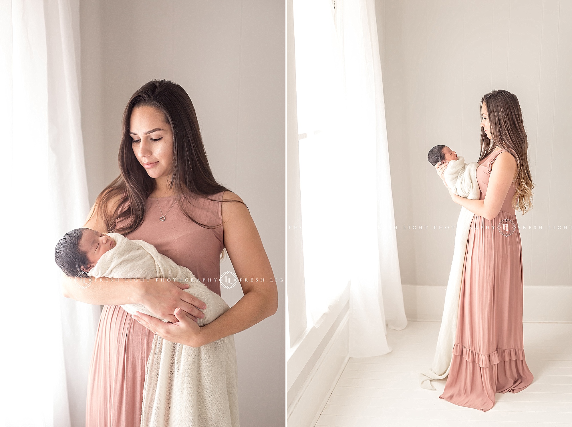 Mom wearing pink dress embraces newborn baby at houston photography session