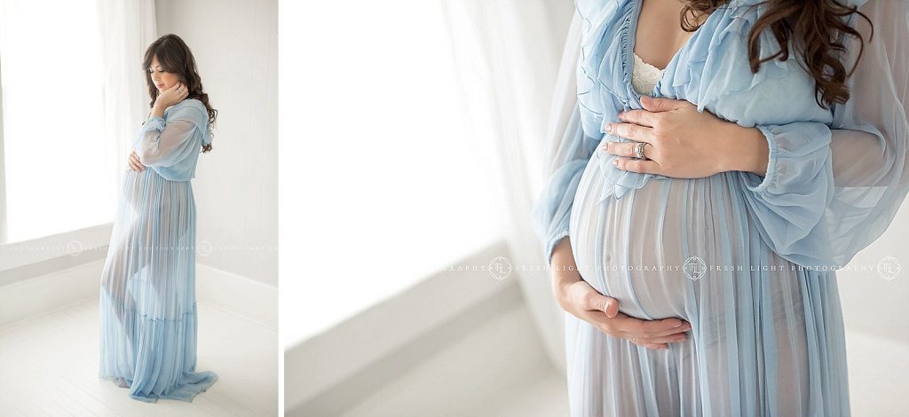 sheer blue dress worn by a pregnant Houston woman