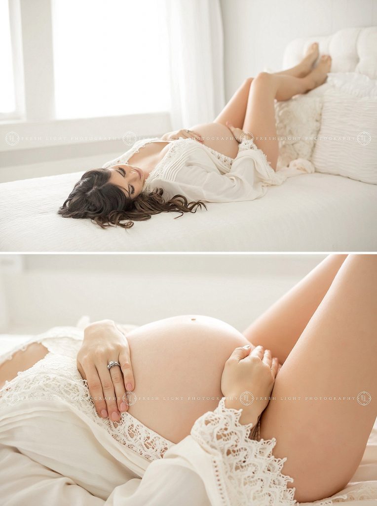 pregnant mother posing on a bed during her maternity portraits