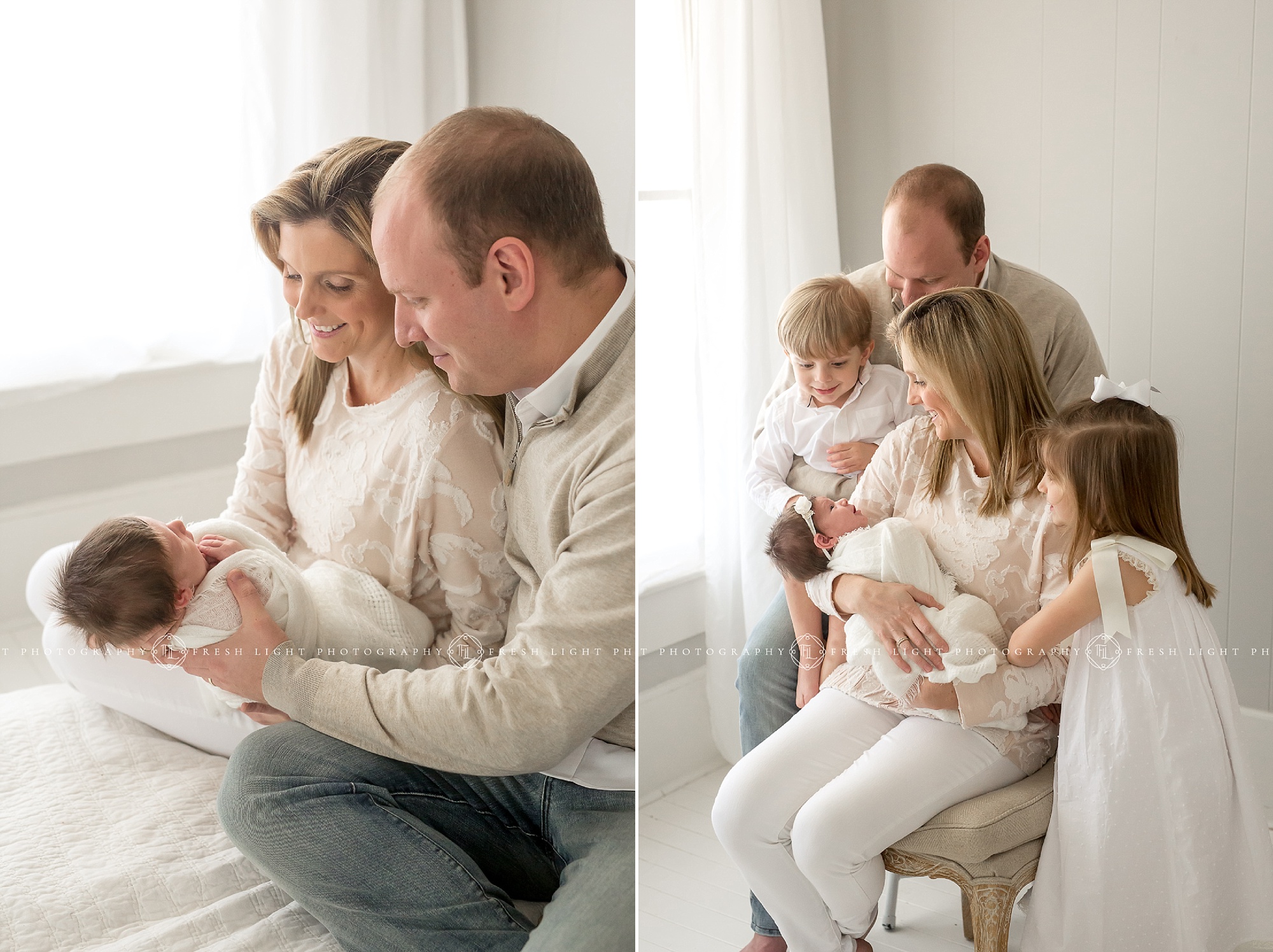 Family with newborn baby sister in a Houston photography studio