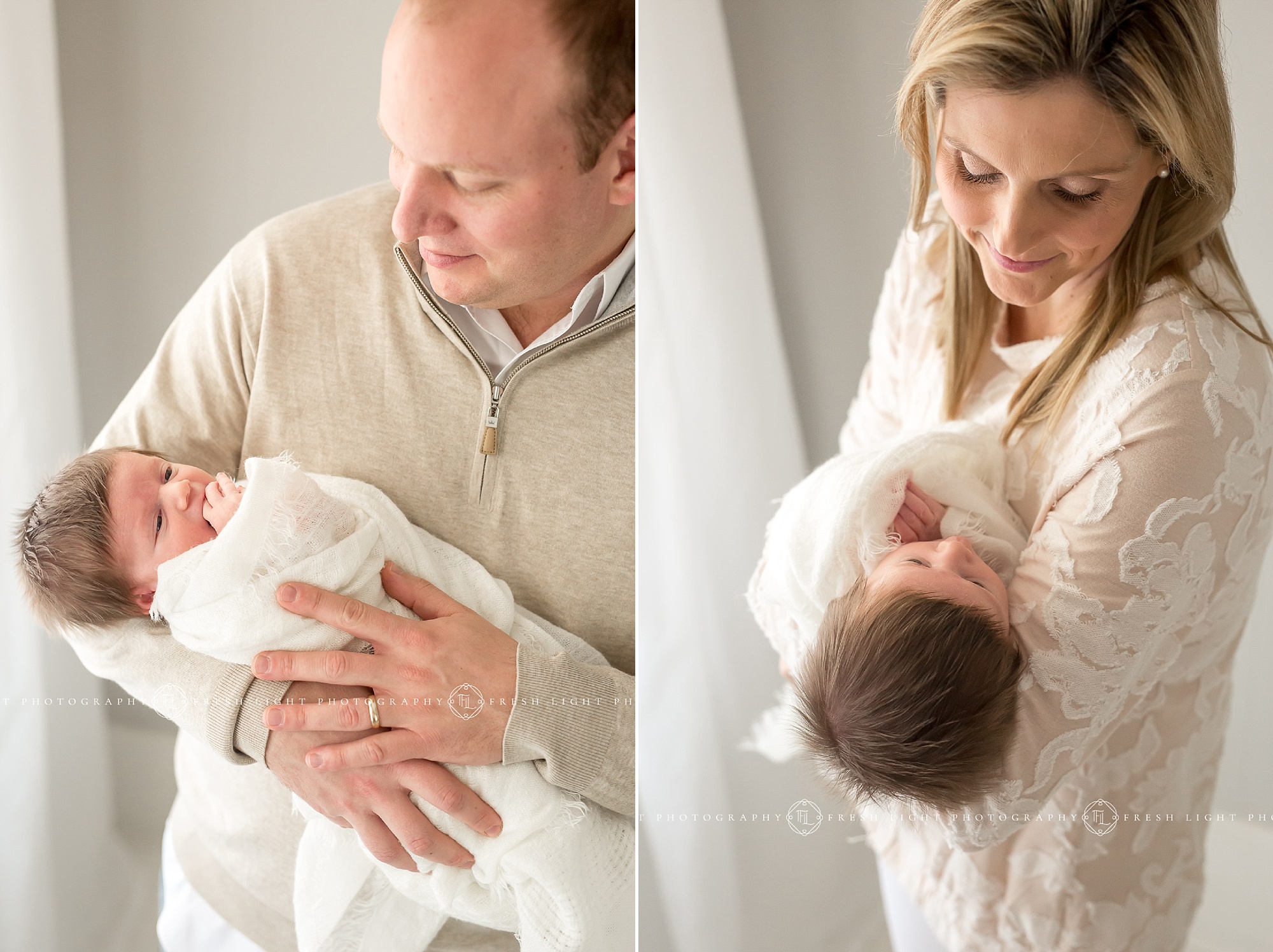 Mom and Dad holding newborn in Houston Photography studio