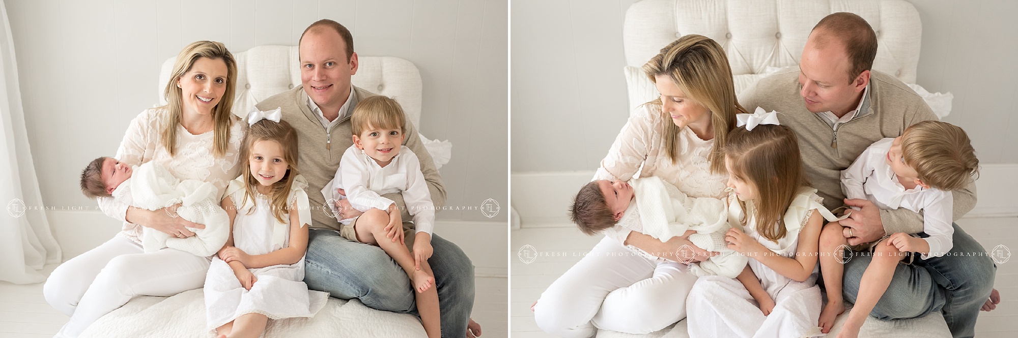 Family with newborn baby sister in a Houston photography studio