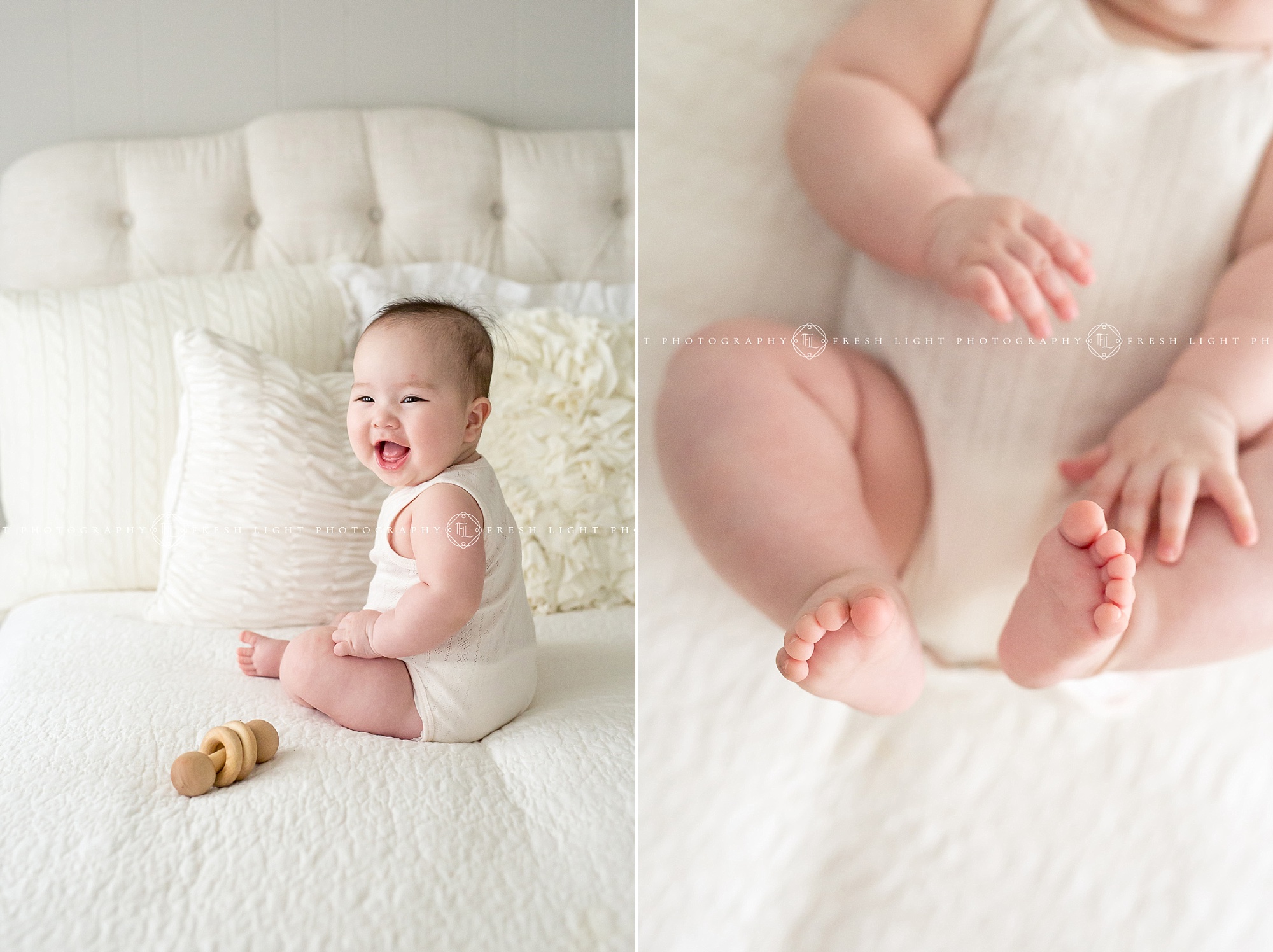 Baby girl sitting on a bed in studio pictures