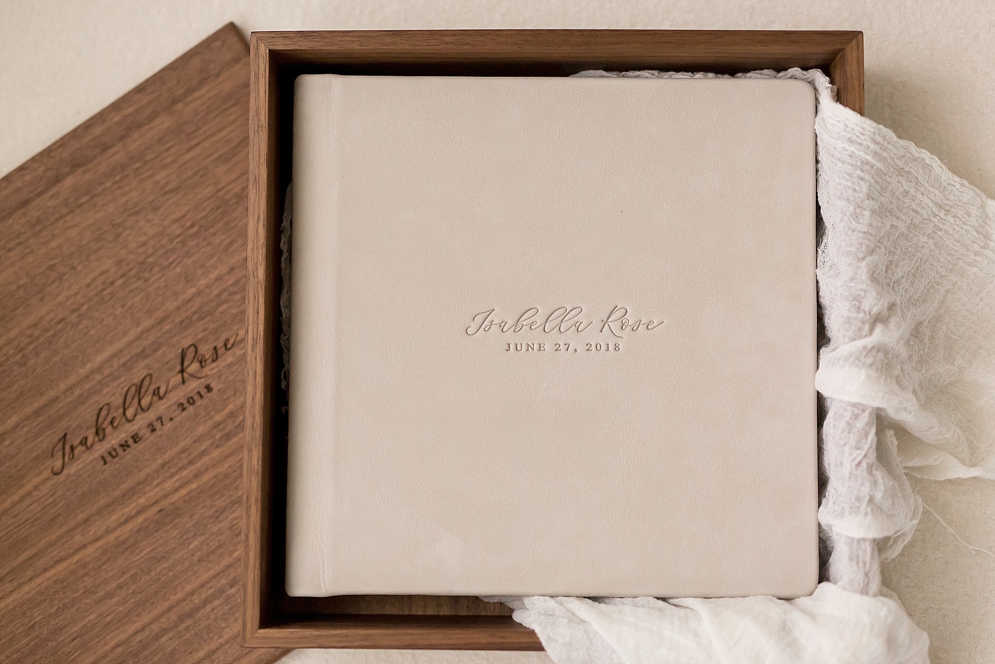 fine art newborn album inside walnut storage box
