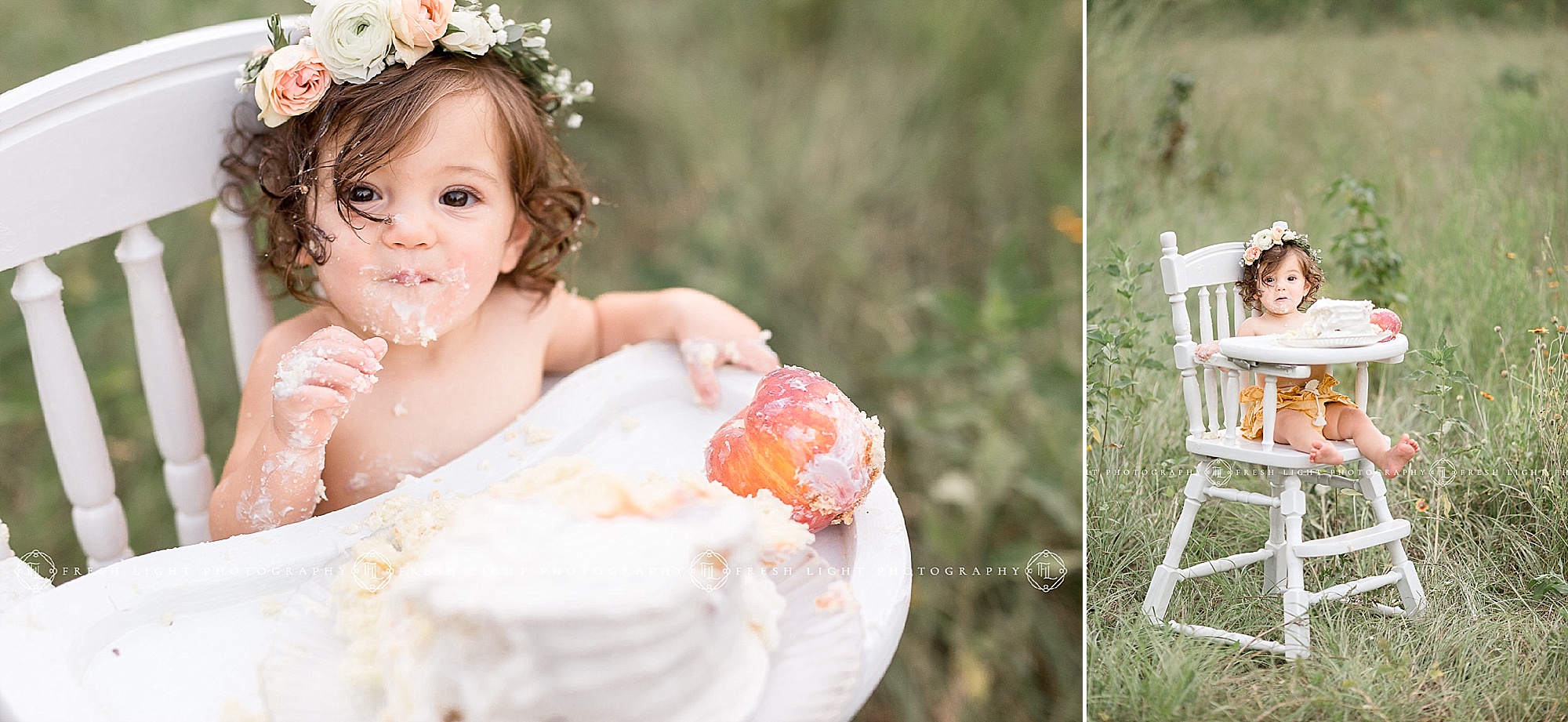 Baby with cake sitting in chair