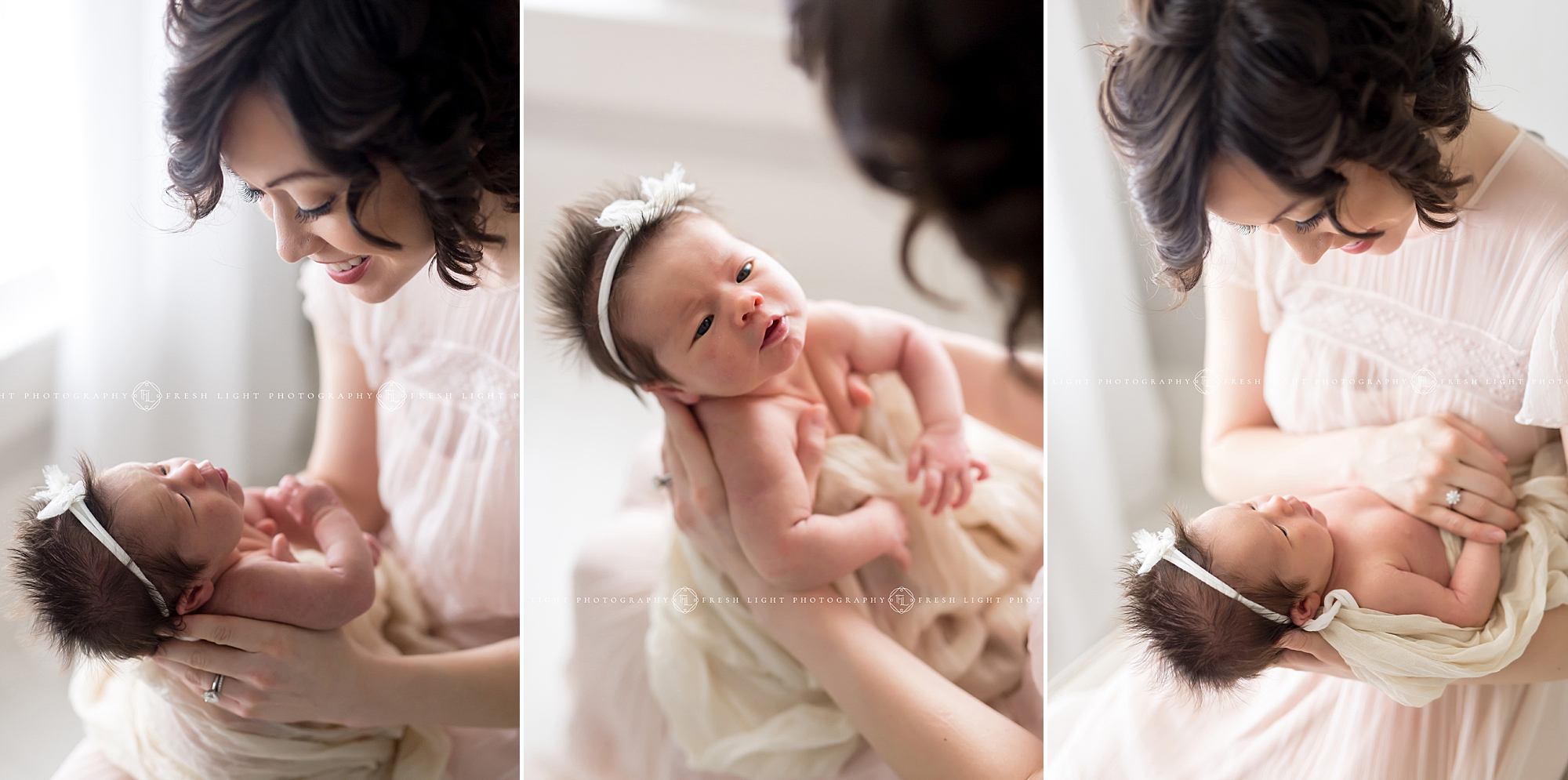 mom holding her newborn during session with fresh light photography