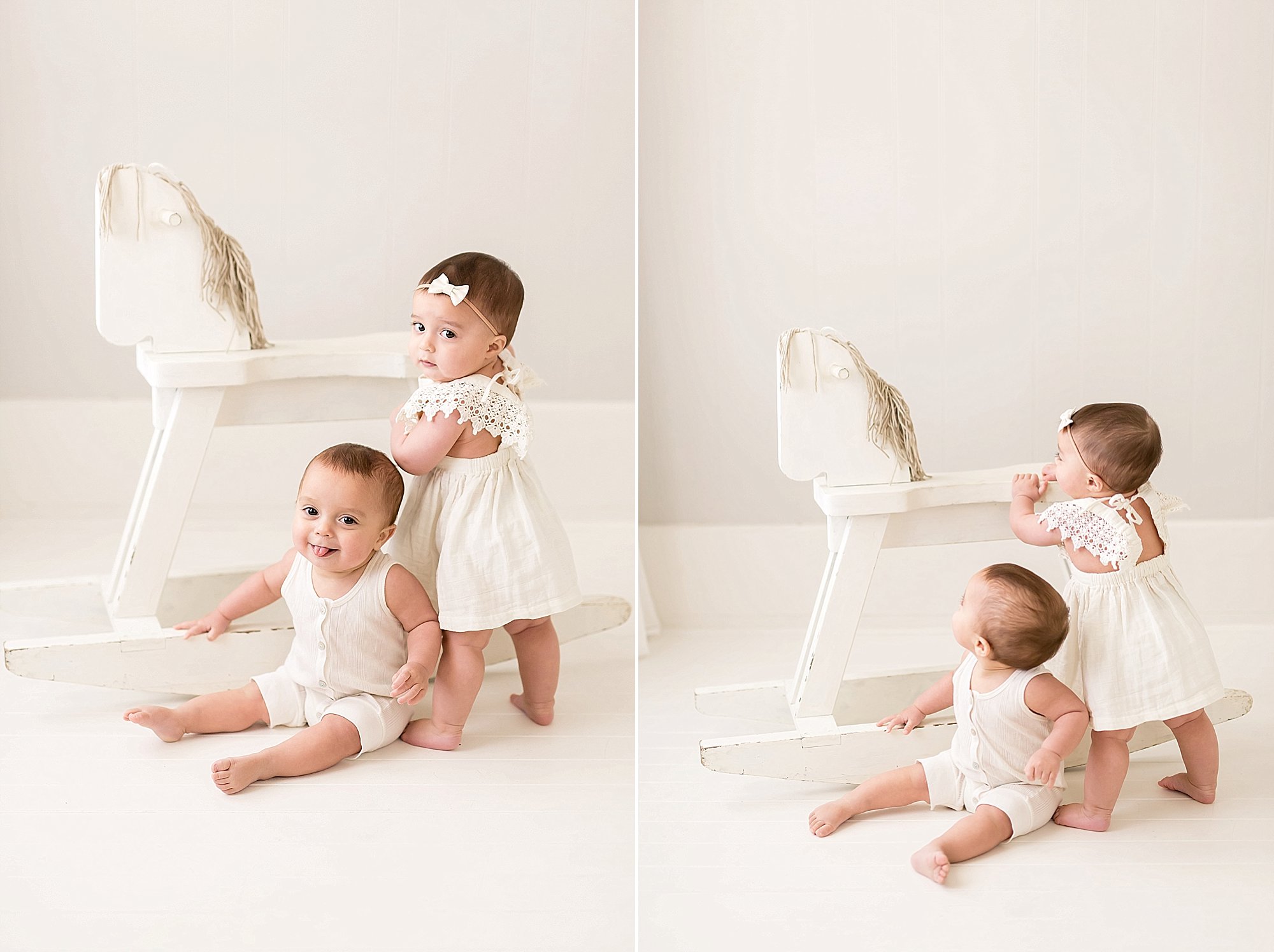 twins in while playing with vintage rocking horse