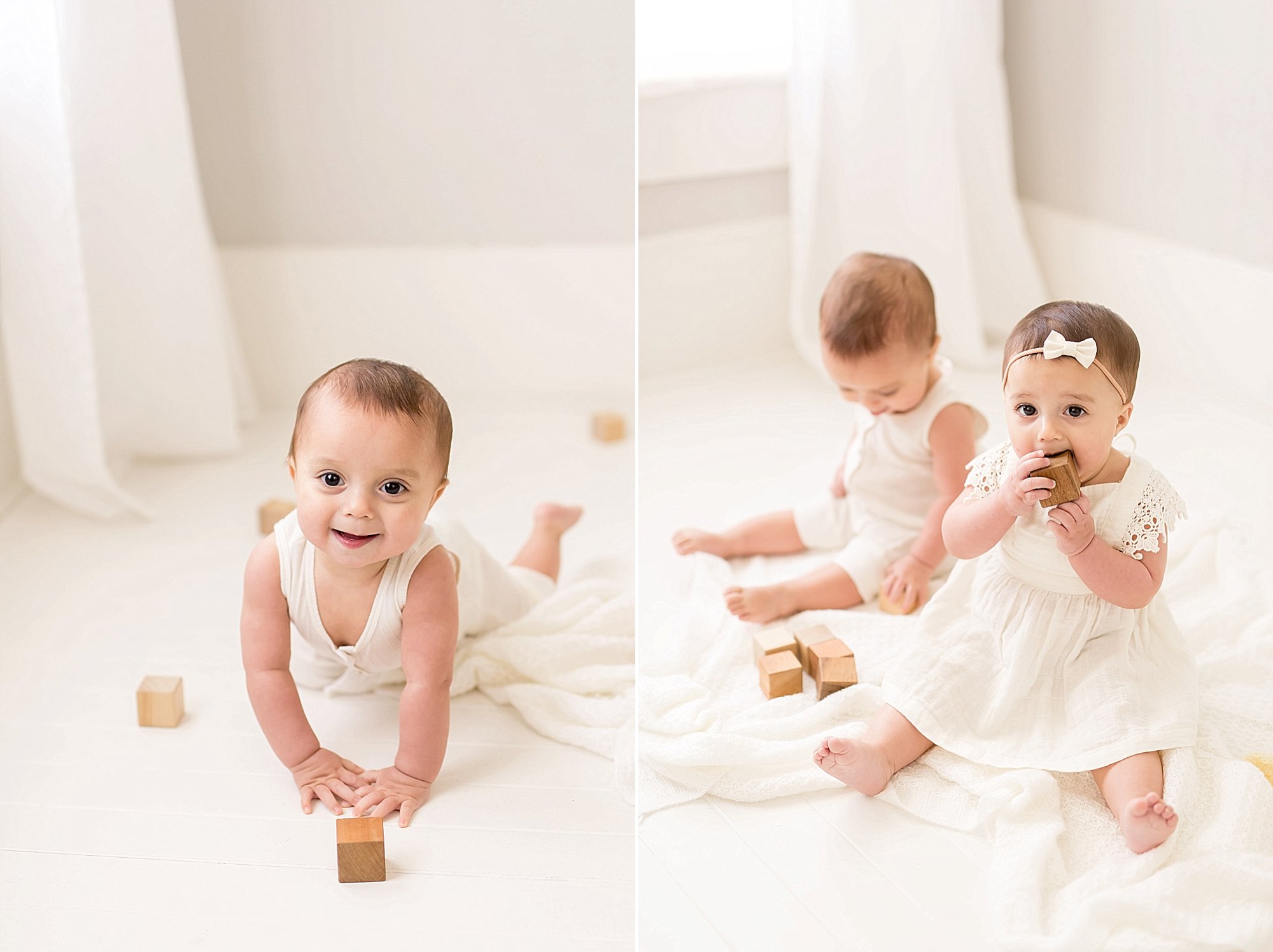 babies playing with blocks on white floor