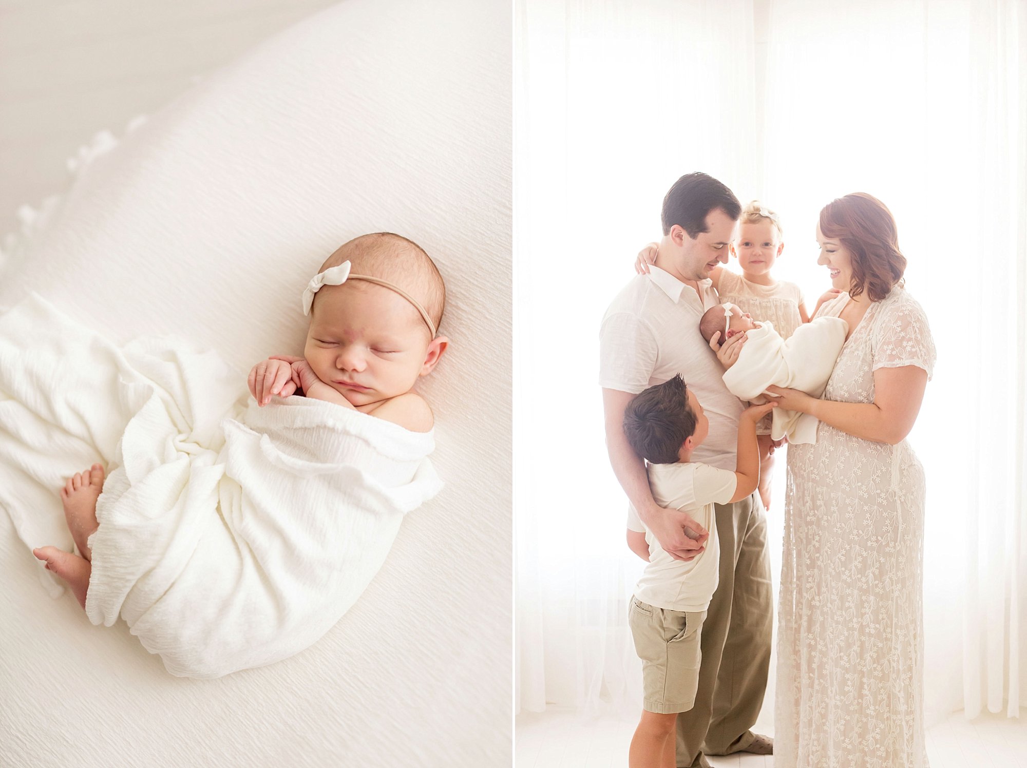 Family looking at their newborn during photography session