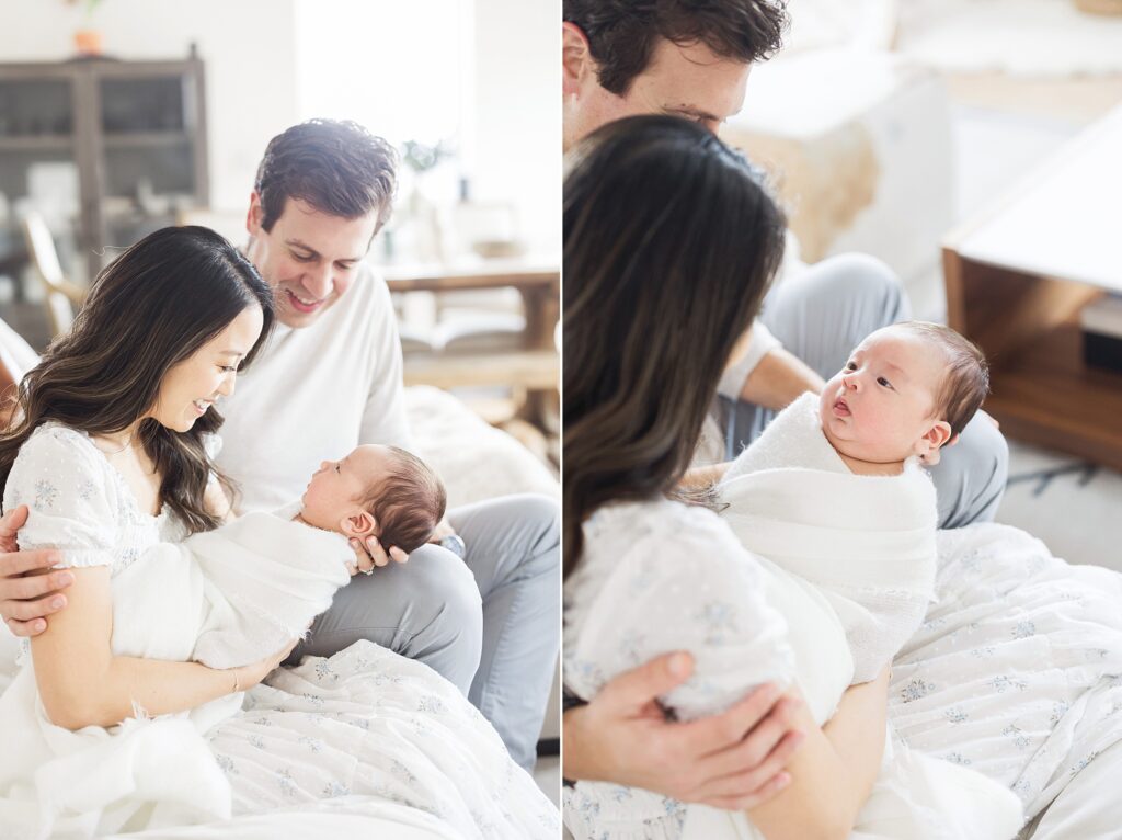 Adorable newborn baby peacefully sleeping in the arms of loving parents during an in-home newborn session in Houston.