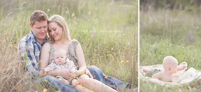 houston family photographer in a field at sunset with a 6 month old baby