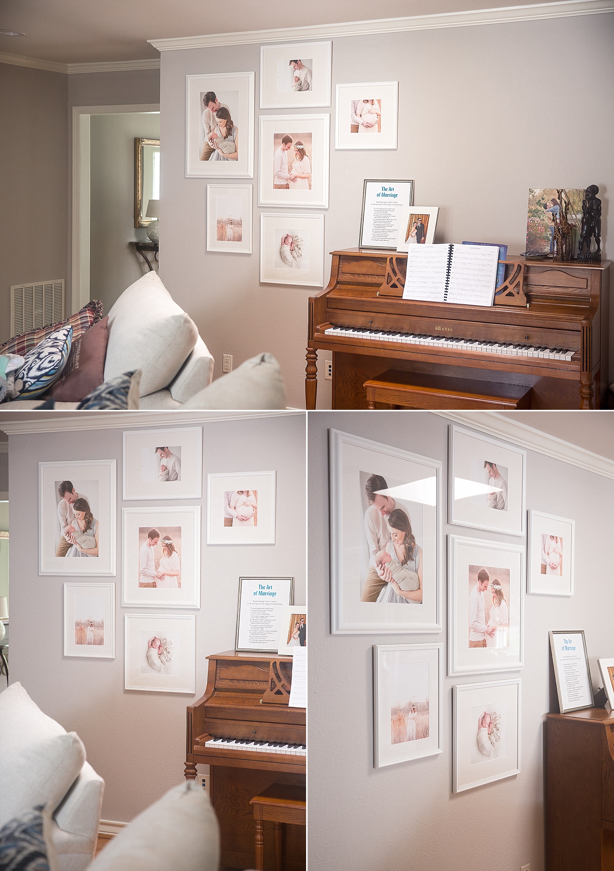 gallery wall of maternity and newborn photography installed in a home