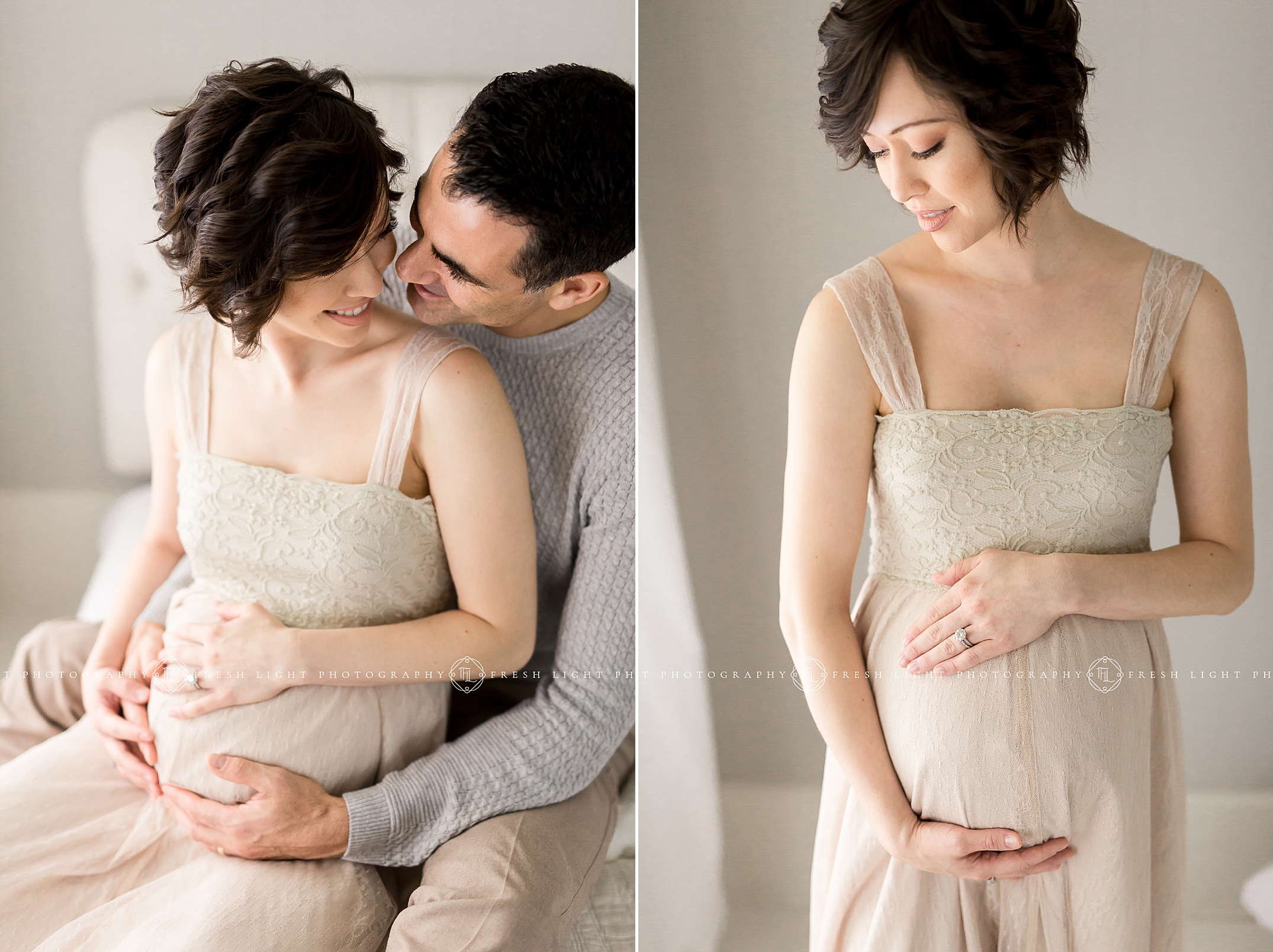 mom and dad cradling pregnant belly during photo shoot