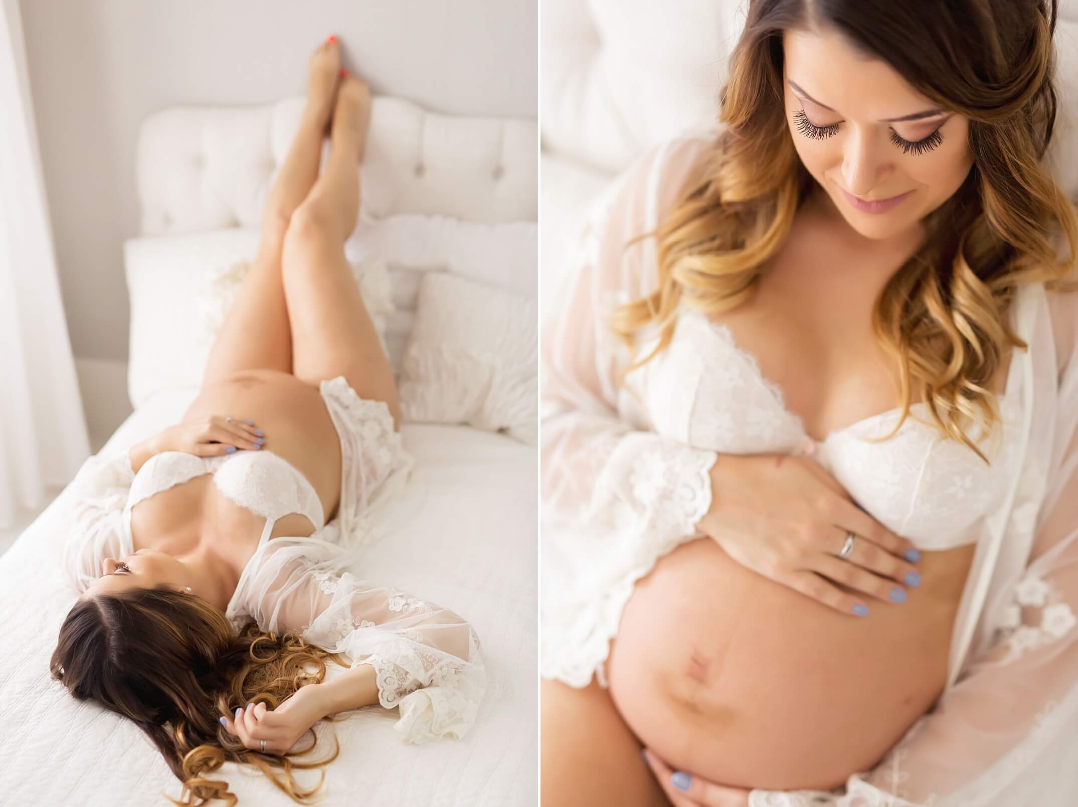 Pregnant mom posing on bed during maternity session in Houston