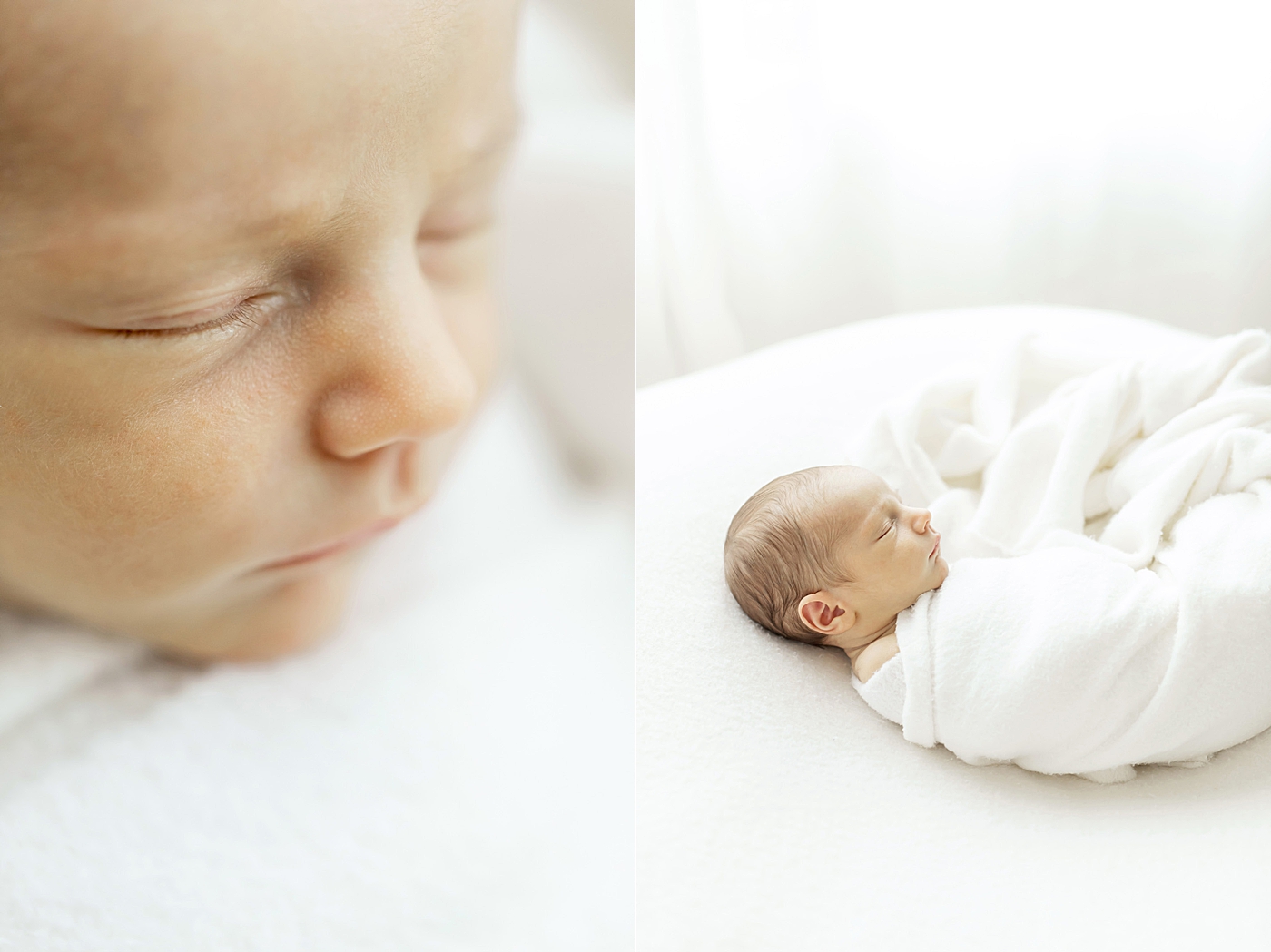 Baby swaddled in white blanket. Photos by Fresh Light Photography in The Heights. 