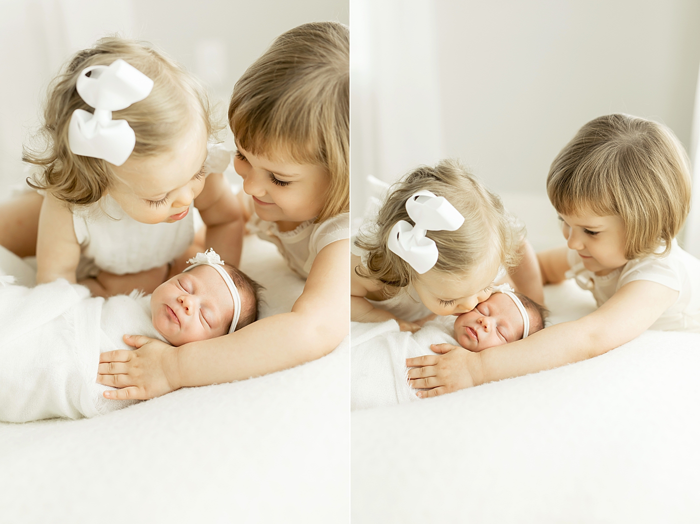 Two big sisters adoring their new baby sister. Photos by Fresh Light Photography.