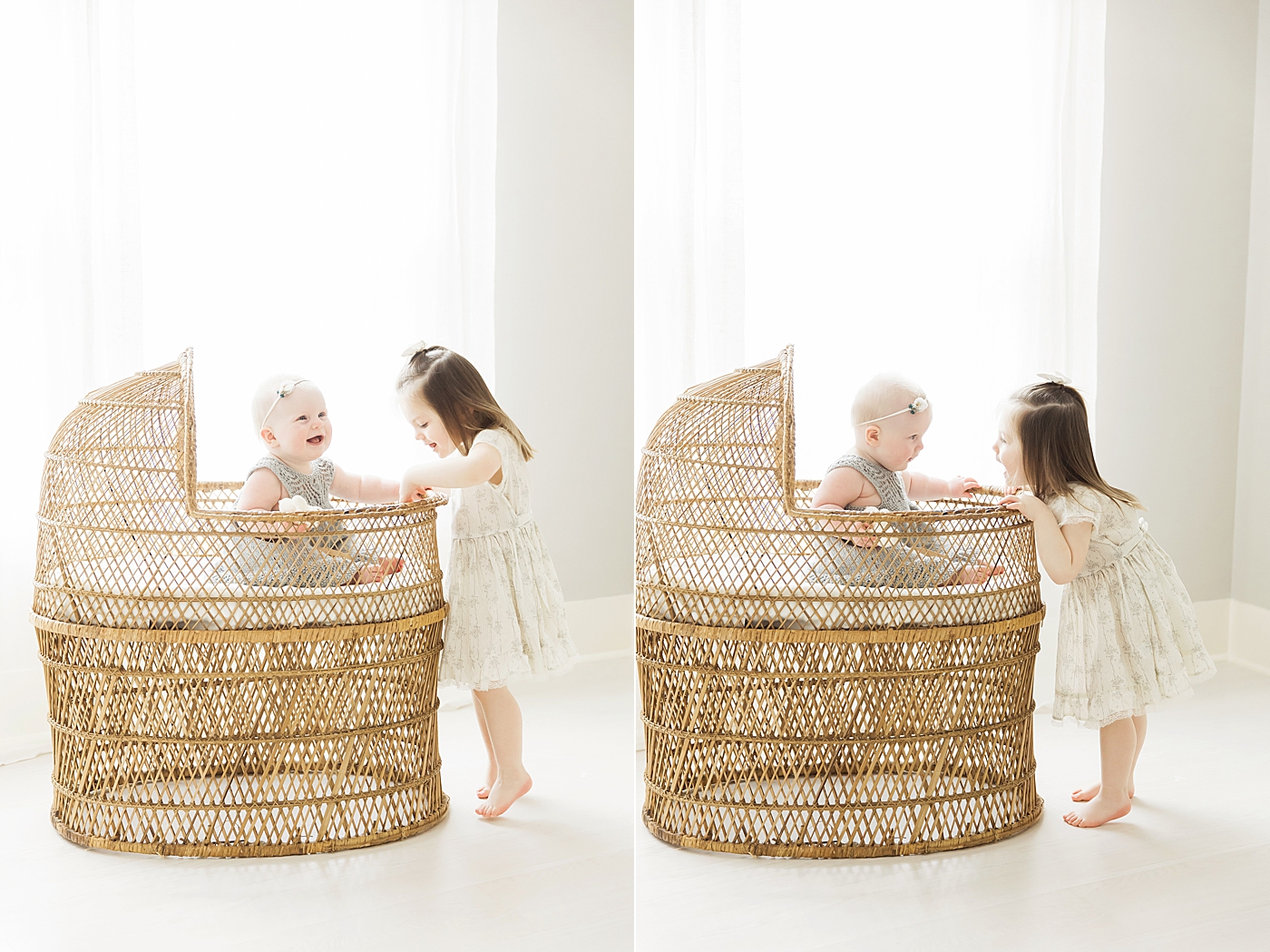 Six month in old Moses style basinet and big sister looking over her. Photos by Fresh Like Photography.