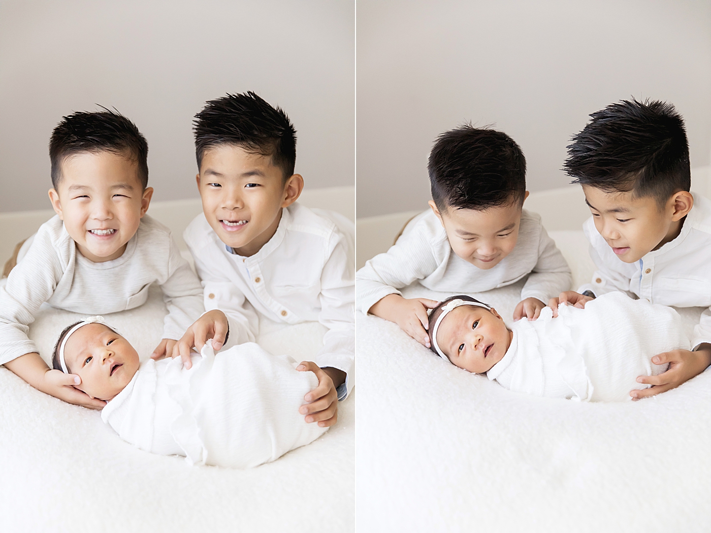 Two big brothers adoring their baby sister during newborn session. Photos by Fresh Light Photography.