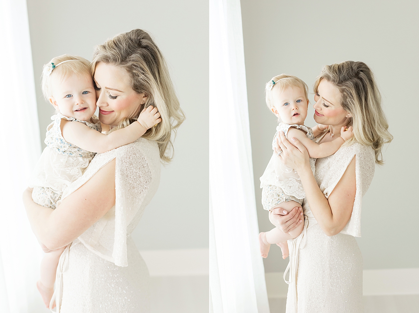 Mom and daughter share a sweet moment during baby girl's one year session with Fresh Light Photography in Houston Studio.