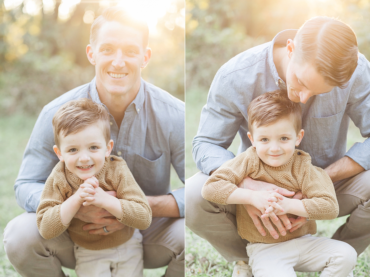 Father/son photo with the oldest boy. Sun is setting over Dad's head. Photo by Fresh Light Photography