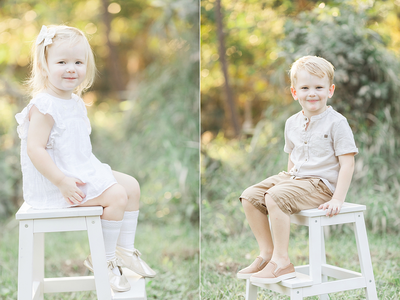 Toddlers sitting on stool for portraits in outdoor field in Houston. Photo by Fresh Light Photography.