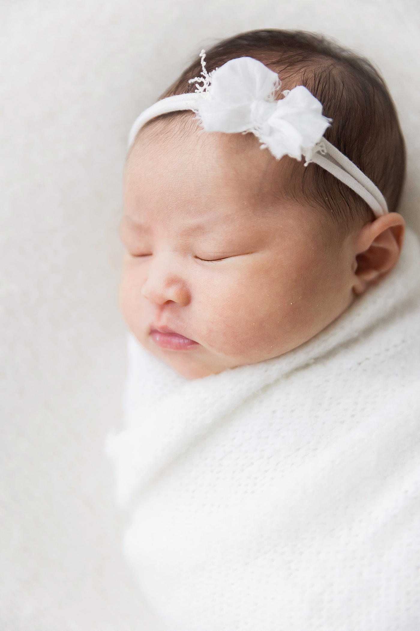 Newborn swaddled and sleeping for photos with Fresh Light Photography.