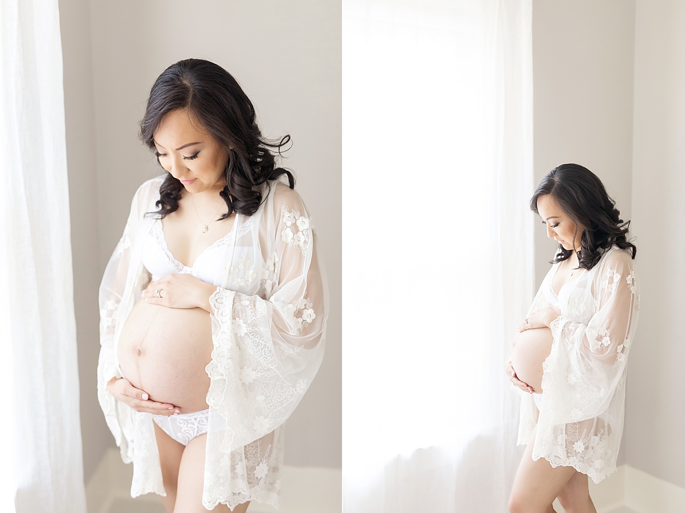 Mom wearing a lace robe for intimate boudoir maternity photos. Photos by Fresh Light Photography.