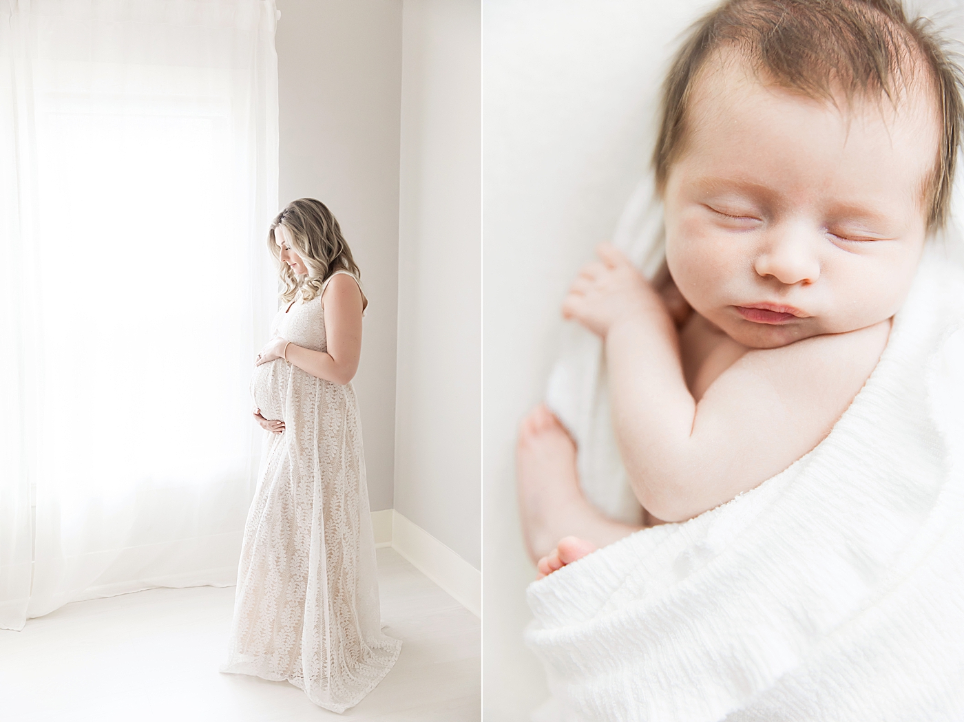 Photo of Mom pregnant on the left and baby girl at newborn session on the right. Photos by Fresh Light Photography.