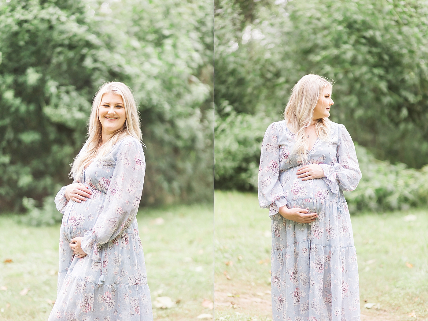 Mom wearing blue floral dress for maternity photoshoot. Photo by Fresh Light Photography.