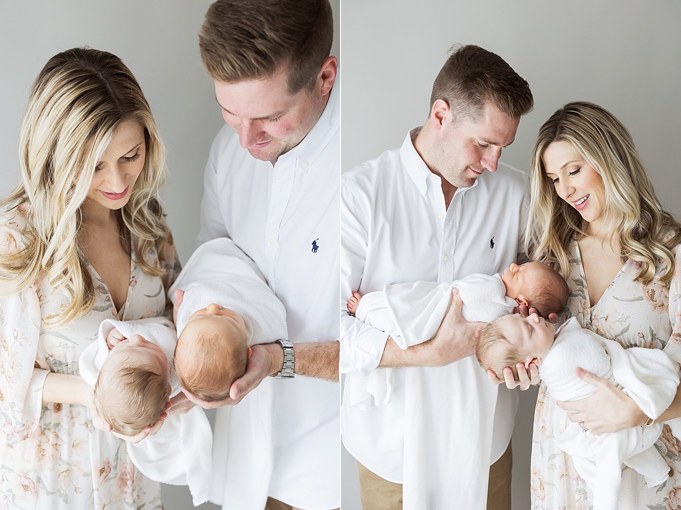Parents holding twin boys for newborn session with Fresh Light Photography in Houston, TX.
