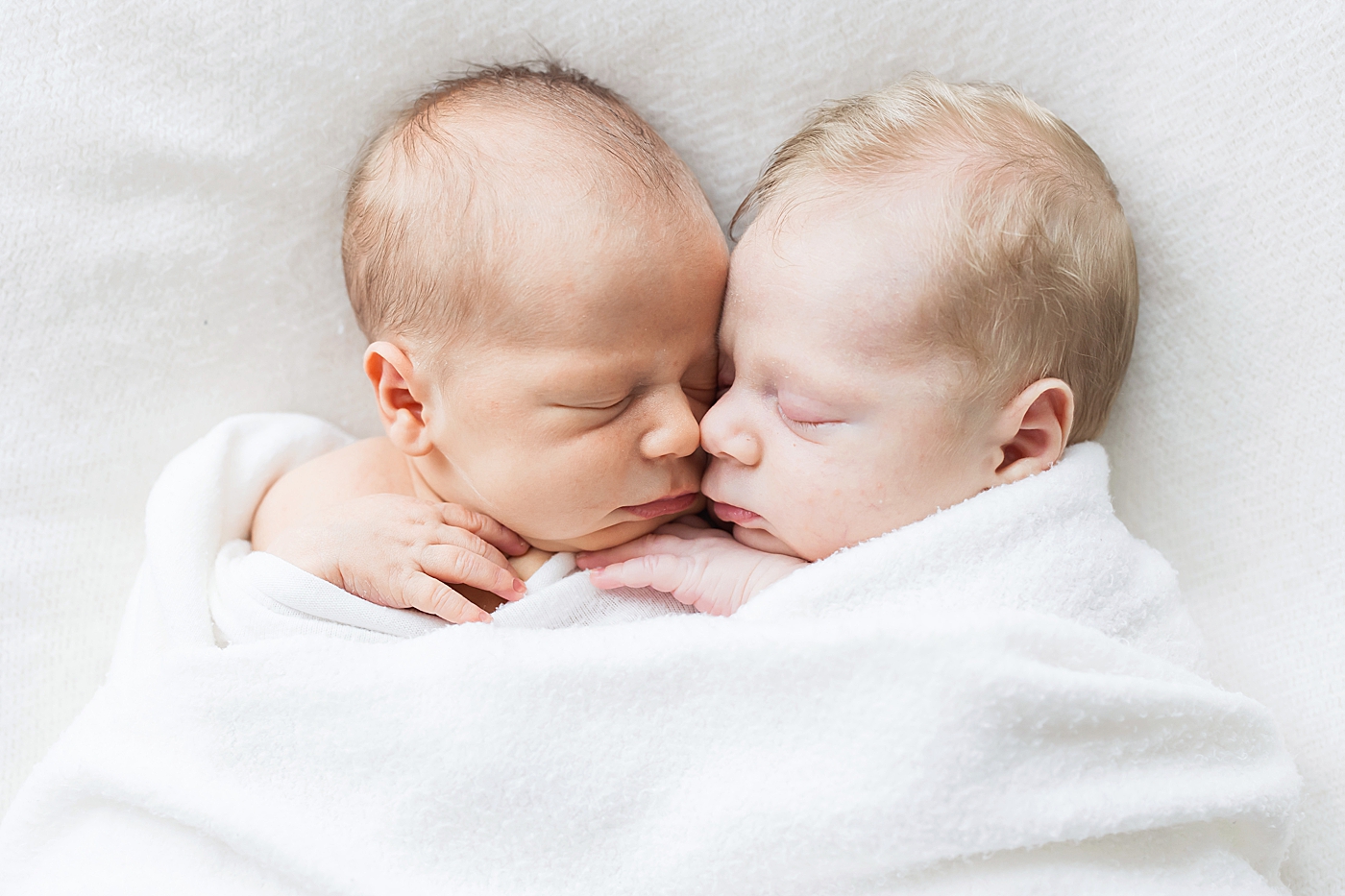 Twins snuggled up to each other during newborn session. Photos by Fresh Light Photography.