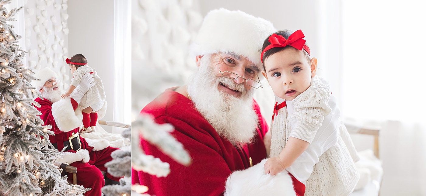 Santa holding a baby girl for her first Christmas with Santa. Photo by Fresh Light Photography.