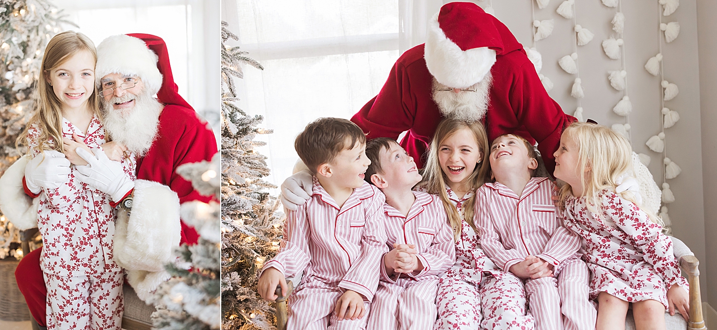 Kids visiting Santa in Christmas jammies. Photo by Fresh Light Photography.