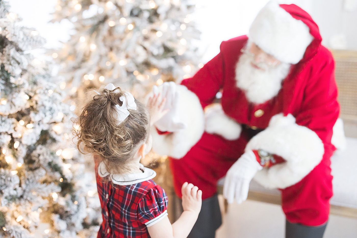 Little girl giving Santa a high five. Photo by Fresh Light Photography.