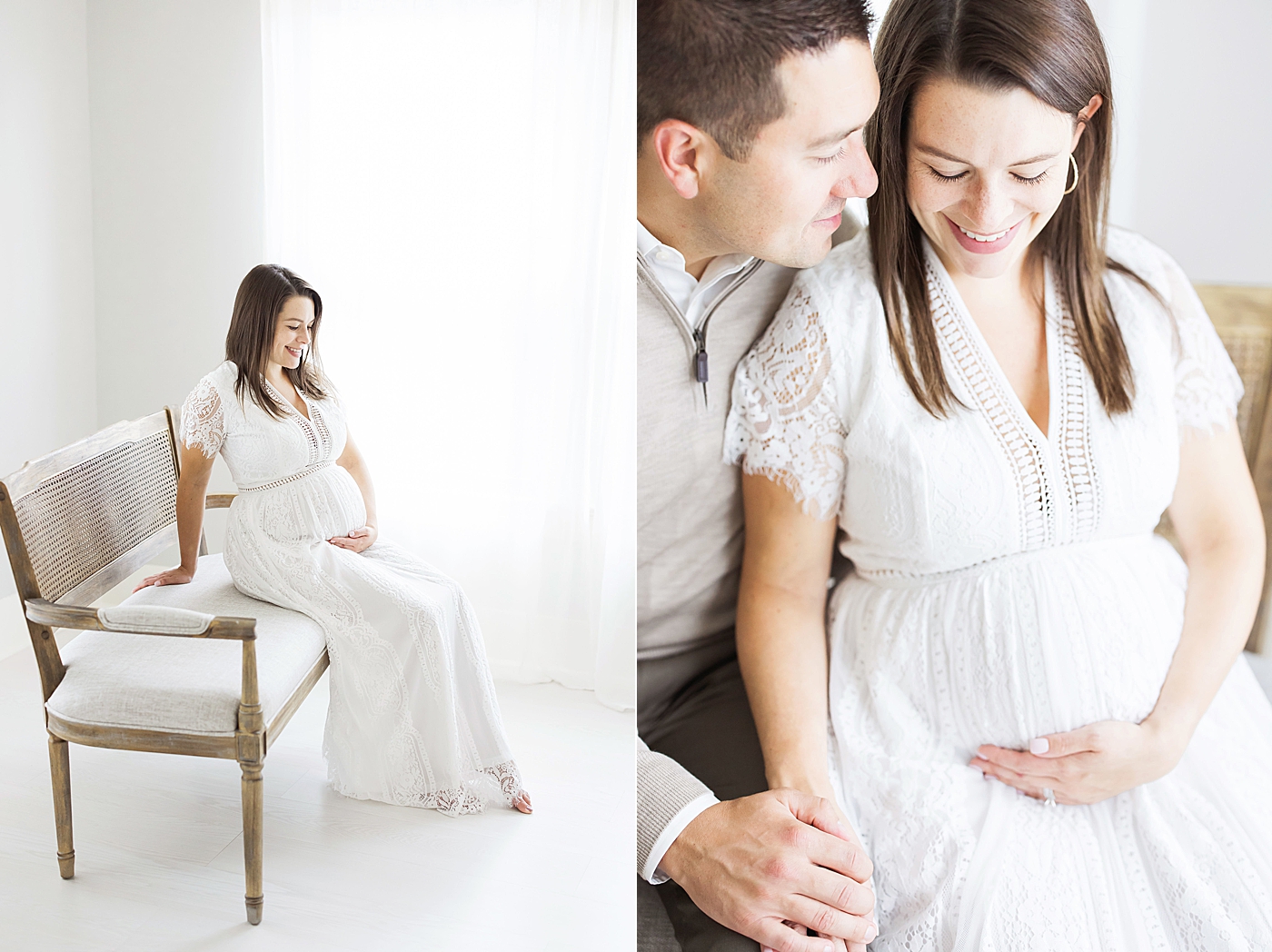 Expecting parents sitting on bench in studio for maternity photos with Fresh Light Photography.