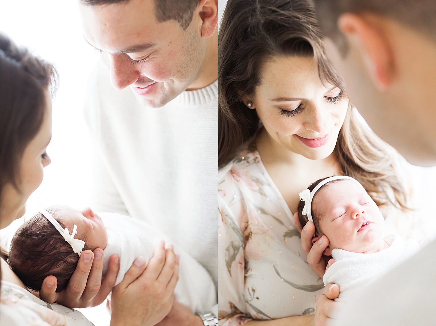 Mom and Dad looking at their daughter during studio newborn session. Photo by Fresh Light Photography.