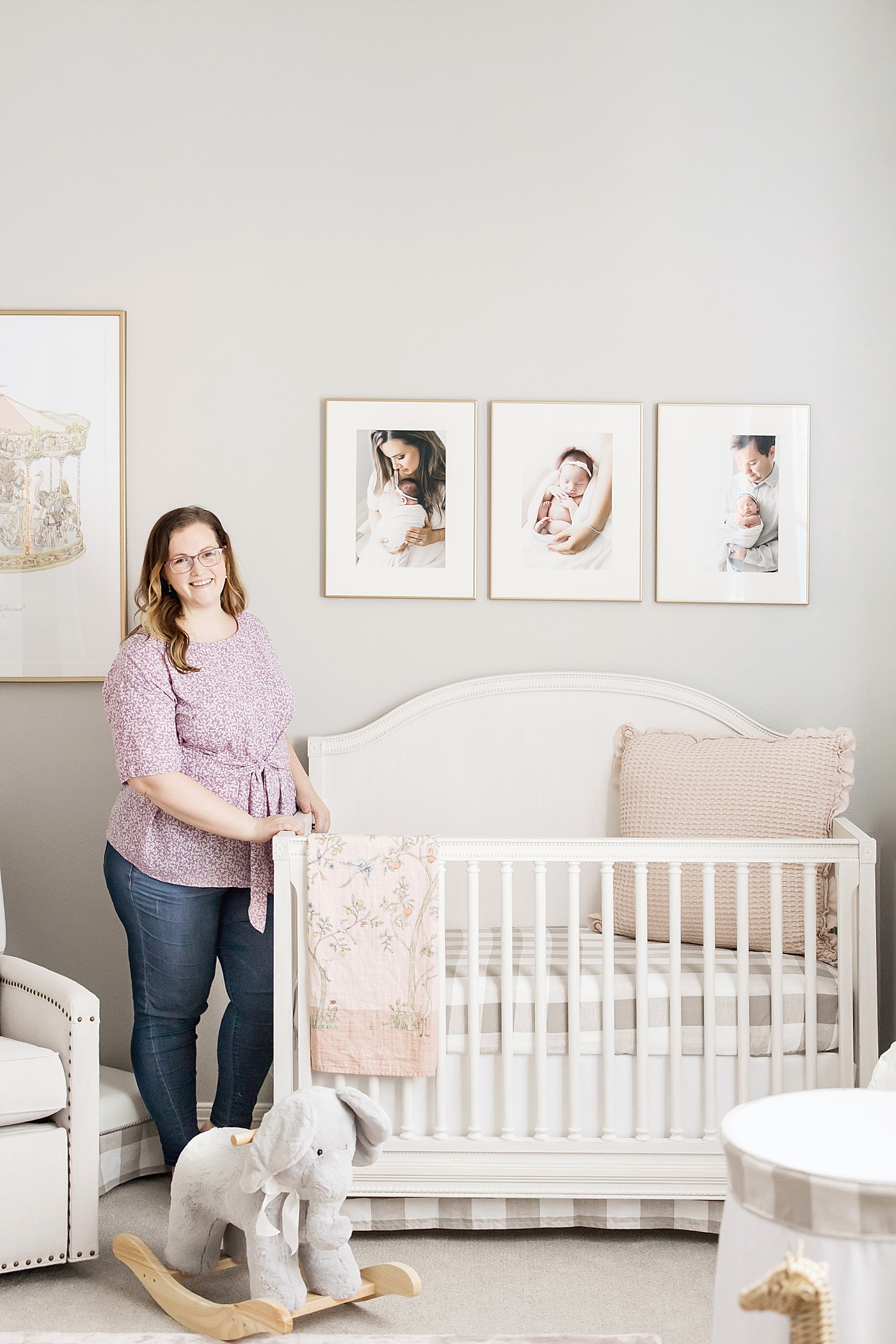 Modern, feminine nursery with a a custom designed wall gallery of her newborn photos with Fresh Light Photography.