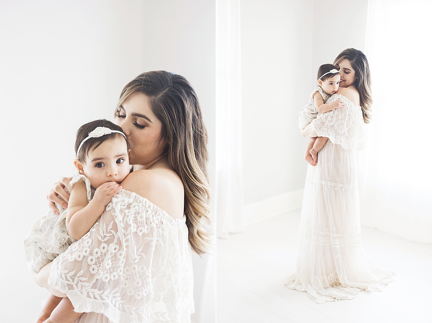 Mom and baby girl wearing all white and lace for photos with Fresh Light Photography.