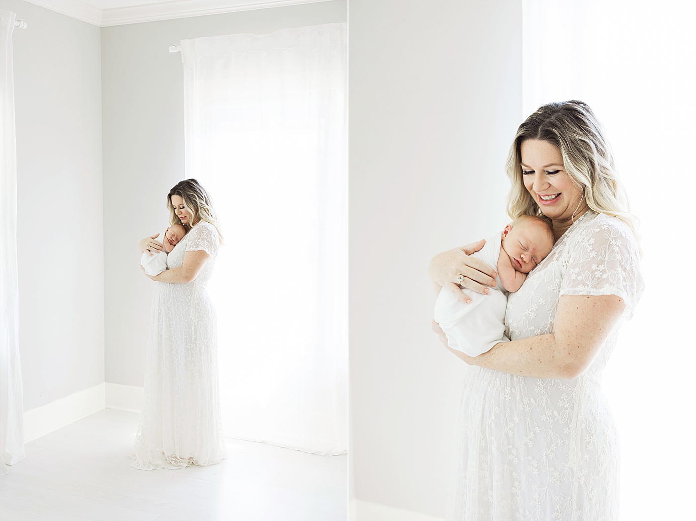 Mom wearing all white holding baby swaddled in white blanket. Photo by Fresh Light Photography.