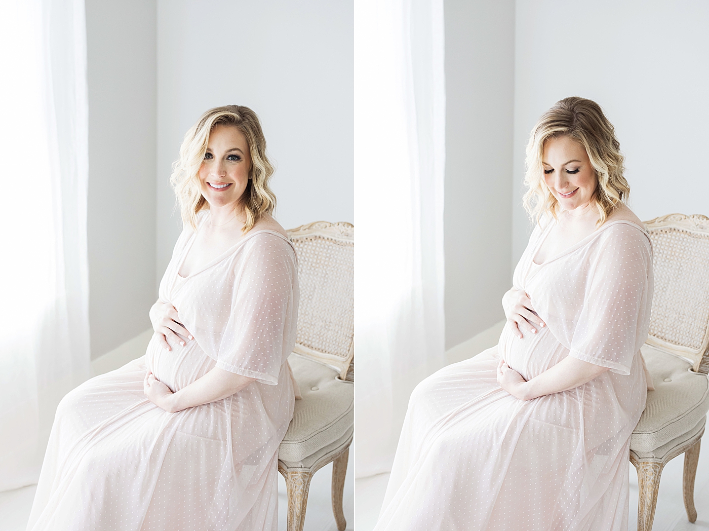 Pregnant mom sitting in chair wearing Swiss dot dress. Photo by Fresh Light Photography.