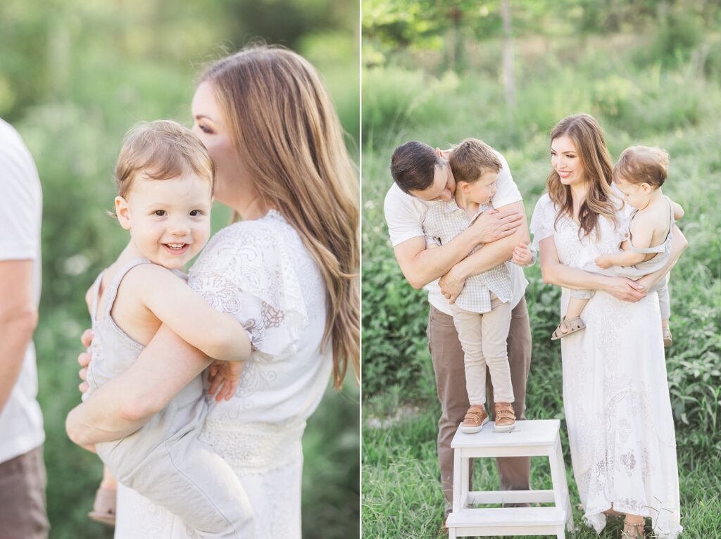 Heartwarming family portrait by Fresh Light Photography, showcasing their connection and the serene beauty of Houston's Memorial Park at sunset.