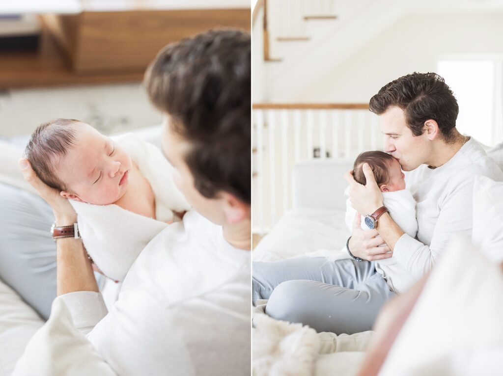 Tender and loving moment captured during an in-home newborn session, as mom and dad gaze affectionately at their newborn baby.