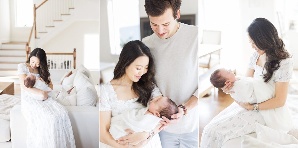 Dreamy and ethereal in-home session showcasing the natural beauty of a Houston family embracing their newborn with sheer joy.